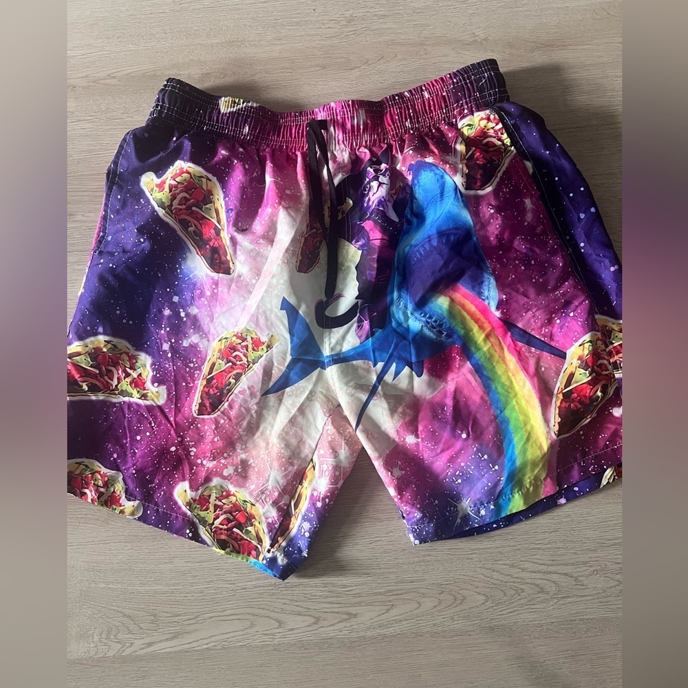 Taco Cat Riding Shark Rainbow Men’s Swim Trunks Size Large